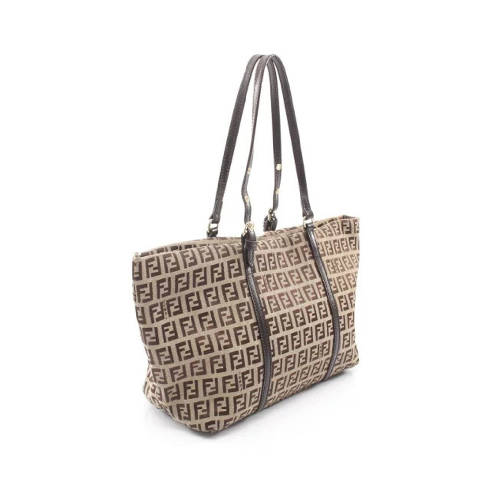 Fendi Zucchino Tote Cream Leather Bag Canvas Beige Brown Tan Brown